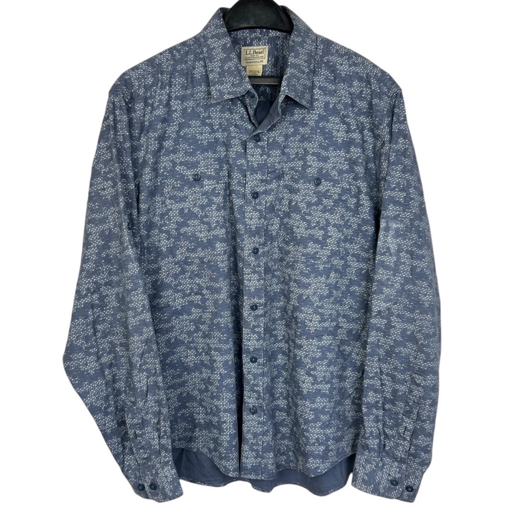 LL Bean Lakewashed Camp Shirt L Reg Blue Geometric Print‎ Tech Tencel Stretch